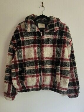 Urban Heritage Plaid Faux Sherpa Jacket - Cream, Black & Maroon